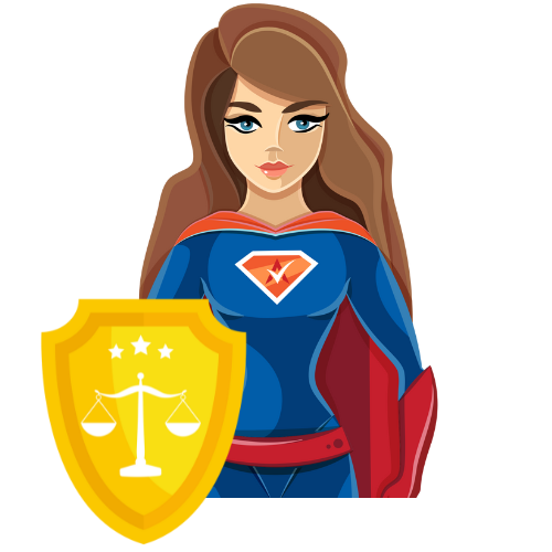 Shield of Justice superhero character - a seasoned paralegal who partners with Activation Hero to provide comprehensive legal document support and small claims court preparation